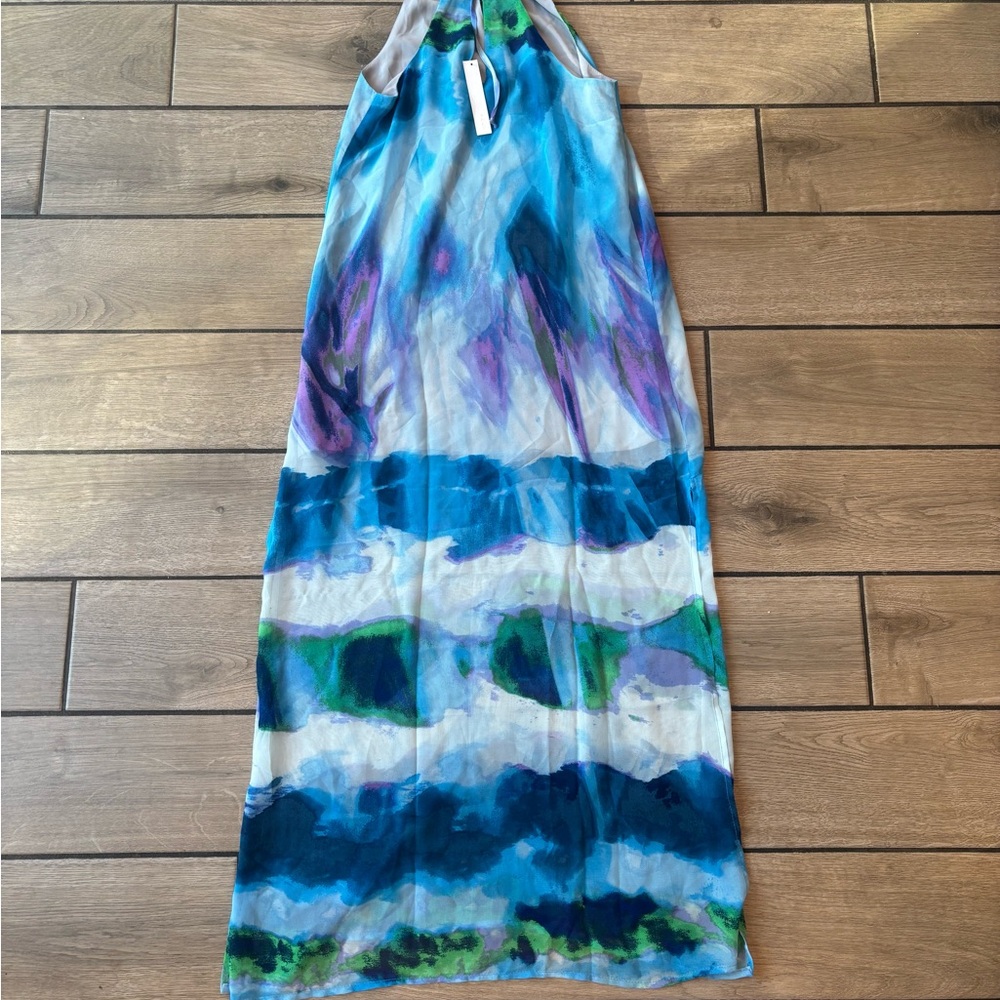 Aqua Blue Abstract Print Halter Chiffon Maxi Dress XS Boho Beach Wedding Guest - Picture 6 of 7